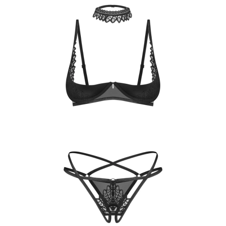 Obsessive Donarella 3-Piece Lingerie Set M/L - Black, Embroidered Details