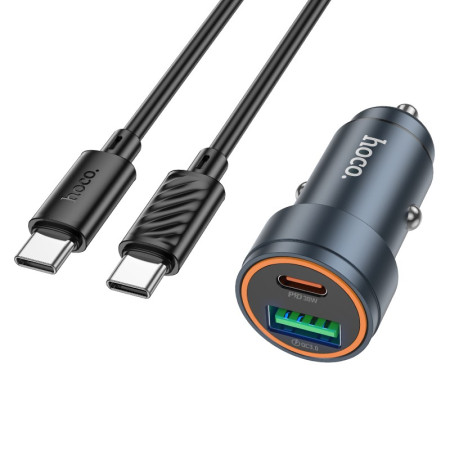 Automobilinis įkroviklis Hoco Z57A 30W USB-C/USB-A su USB-C į USB-C kabeliu 1.0m pilkas