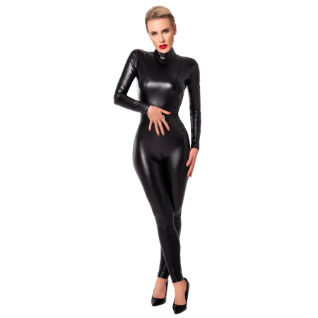 Noir Handmade Power Wet Look Jumpsuit Zip M with Decorative Ring