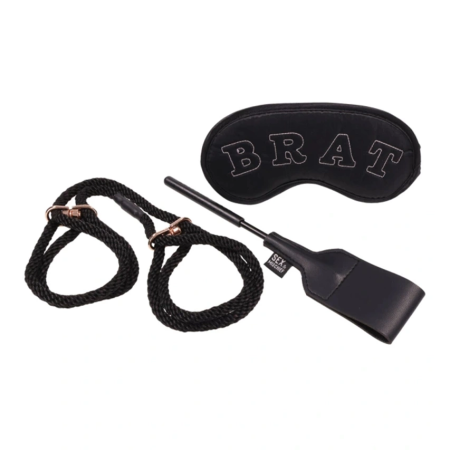 Sportsheets Knotty Brat Set - Rope Cuffs, Blindfold & Mini Crop, Black-Rose Gold