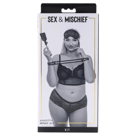 Sportsheets Knotty Brat Set - Rope Cuffs, Blindfold & Mini Crop, Black-Rose Gold