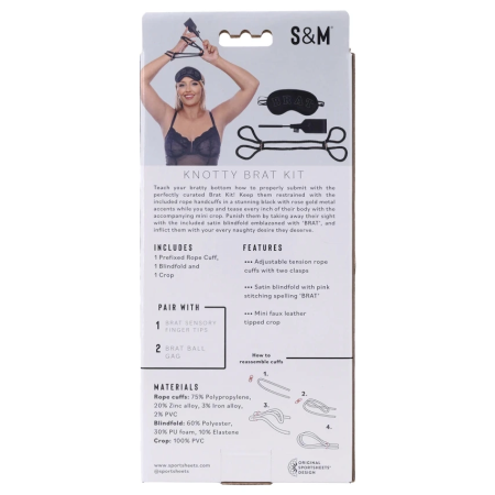 Sportsheets Knotty Brat Set - Rope Cuffs, Blindfold & Mini Crop, Black-Rose Gold
