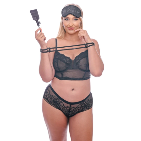 Sportsheets Knotty Brat Set - Rope Cuffs, Blindfold & Mini Crop, Black-Rose Gold