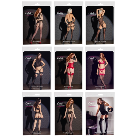 Cottelli Collection Stockings Set - 9 Premium Pairs, Multiple Sizes, Black & Red