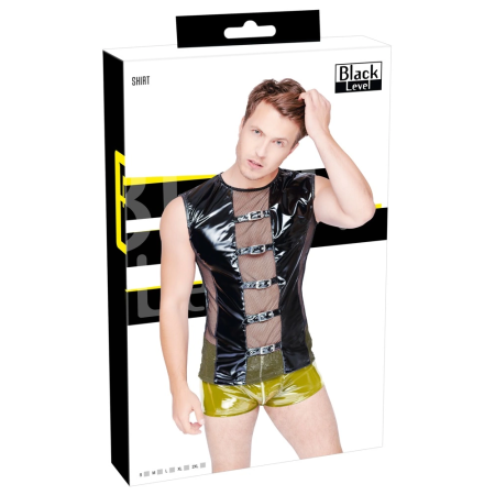 Black Level Men's Vinyl Shirt L - Sleeveless, Mesh Panels, Black