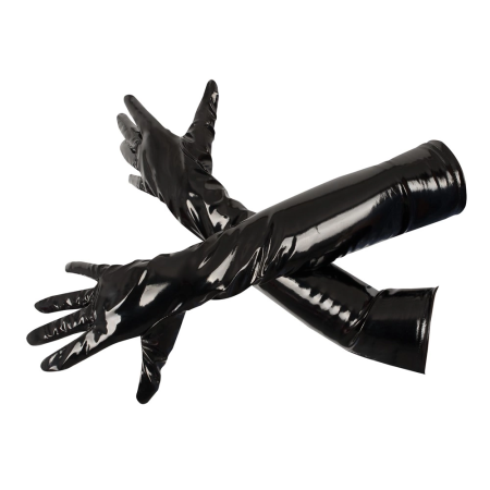 Black Level Vinyl Long Gloves S - Shiny Black, Stretch Fit