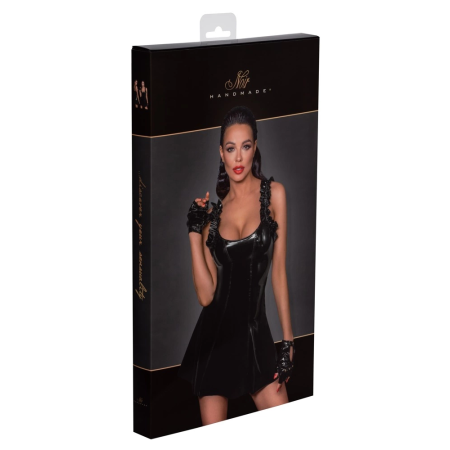 Noir Vinyl Dress XL Shiny Black with Ruffle Straps & Flared Skirt