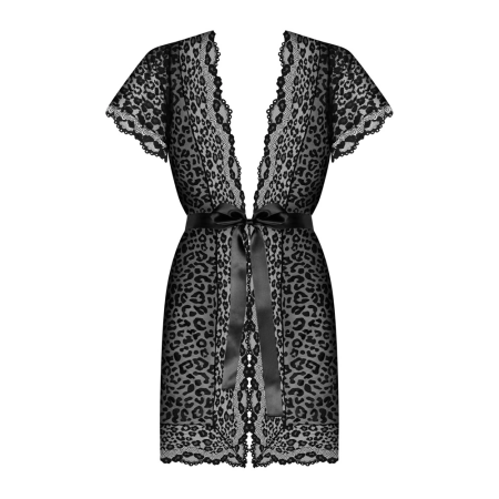 Obsessive Giully L/XL Women’s Leopard Print Peignoir, Black, Satin Tie