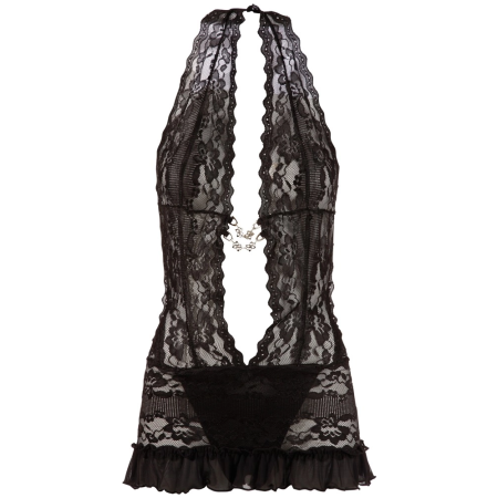 Cottelli Collection Lace Halterneck Dress Black S with Chain Detail