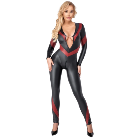 Cottelli PARTY Stretch Jumpsuit Red-Black XL with 3-Way Zip