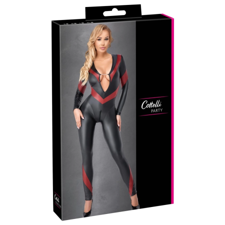 Cottelli PARTY Jumpsuit Black-Red S - Matt Effect, Chain Detail