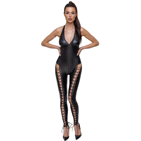 Cottelli PARTY Jumpsuit S Black Matte Look with Lacing and 2-Way Zip