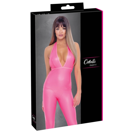 Cottelli PARTY Neon Pink Jumpsuit S - Shiny Halterneck Bodysuit