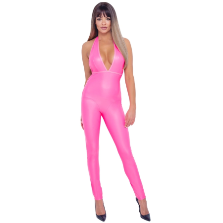 Cottelli PARTY Neon Pink Jumpsuit S - Shiny Halterneck Bodysuit