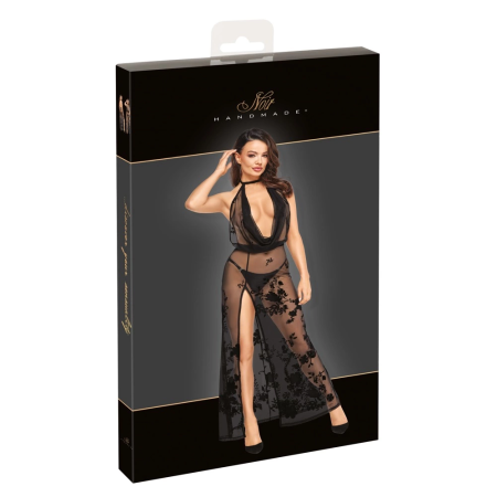 Noir Handmade Long Halterneck Mesh Dress with Velvet Floral Print L