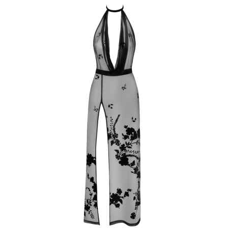 Noir Handmade Long Halterneck Mesh Dress with Velvet Floral Print L
