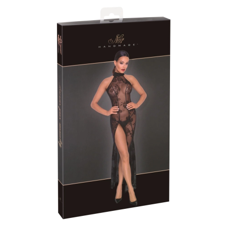 Noir Handmade Dress Long L - Floral Powernet, High Slit, Black