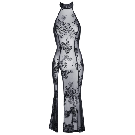 Noir Handmade Long Powernet Dress with Velvet Floral Pattern M