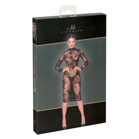 Noir Handmade Floral Velvet Flock Transparent Dress L, Knee-Length