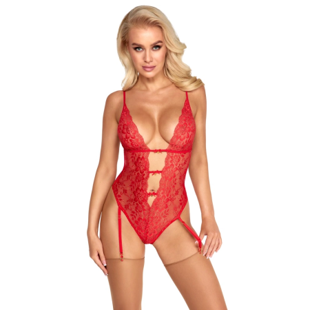 Kissable Suspender Body Red L/XL - Fine Lace, Gold Accents