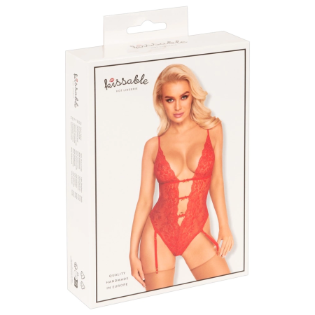 Kissable Body Red S/M - Elegant Lace Suspender Bodysuit, Gold Details