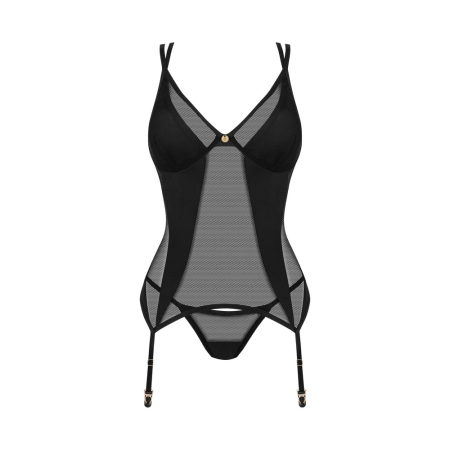 Obsessive Nesari Set XL/2XL - Black Mesh & Opaque Lingerie with Suspenders