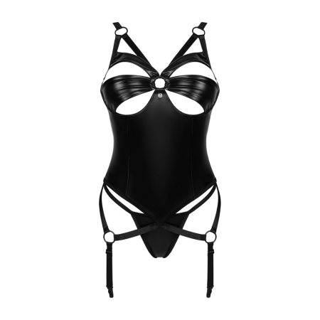 Obsessive Armares Wet Look Suspender Corset Set XL/2XL Black