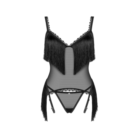 Obsessive Sherila Set XS/S - Fringed Suspender Top & Thong, Black