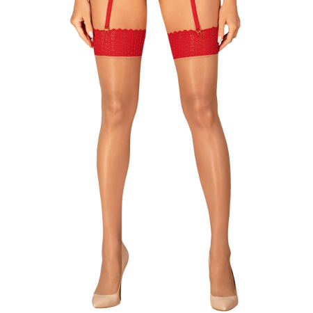 Obsessive Ingridia Lace-Trim Stockings XS/S Red, Semi-Sheer Finish