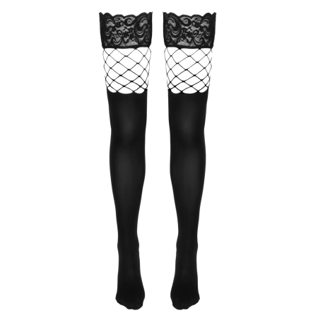 Cottelli Collection Hold-Up Stockings M/L Black Fishnet & Opaque Lace Top