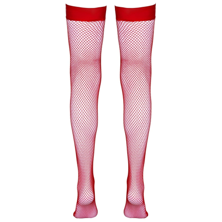 Cottelli Collection Hold-Up Stockings Red L - Elegant Net Design, Silicone Grip