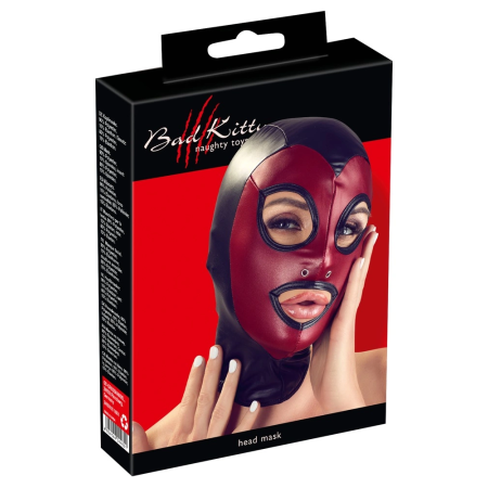 Bad Kitty Head Mask Red & Black Stretch Hood Unisex One Size