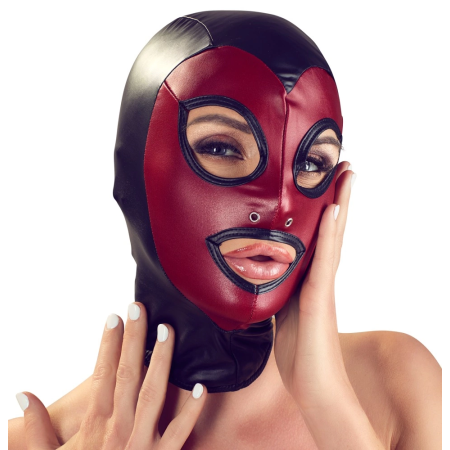 Bad Kitty Head Mask Red & Black Stretch Hood Unisex One Size