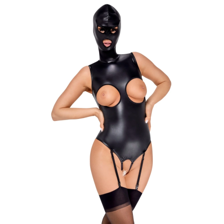 Bad Kitty Vegan Leather Bodysuit & Detachable Mask, Size L, Black