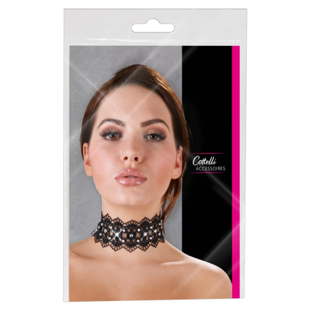 Cottelli Collection Black Choker Embroidered with Pearls & Rhinestones 36cm