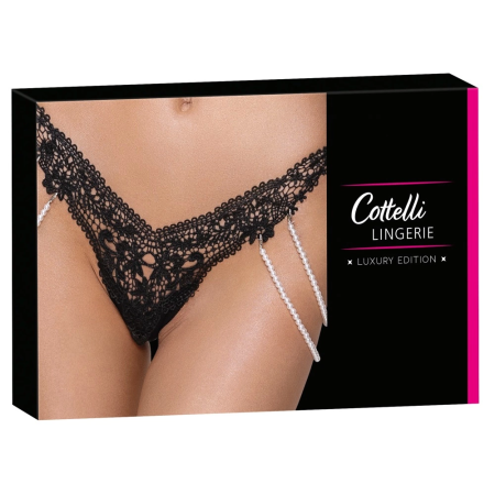 Cottelli LINGERIE String M/L with Removable Pearl Chains, Black Lace