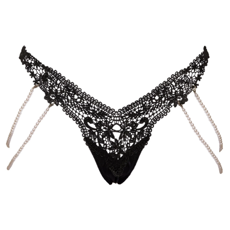 Cottelli Lingerie String S/M with Removable Pearl Chains, Black Lace