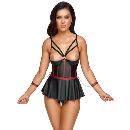 Cottelli BONDAGE Set 85C/XL - Longline Bra & Cuffs Matte Black-Red