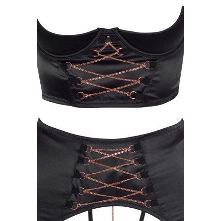 Abierta Fina Shelf Bra Set 85C/XL Black Satin & Rose-Gold Accents