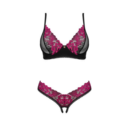 Obsessive Rosenty Set M/L - Black Mesh & Pink Lace Lingerie Ensemble