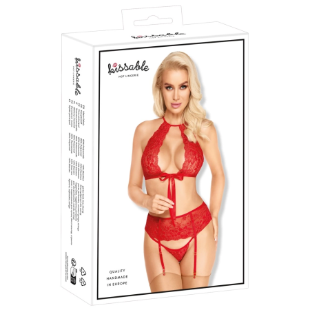 Kissable Lingerie Set Red & Gold Lace L/XL - Bra, Garter Belt & Thong
