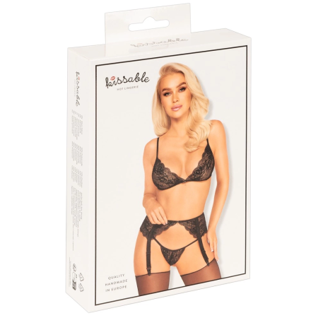 Kissable Lace Set L/XL - Black, Adjustable Bra & Suspender Belt