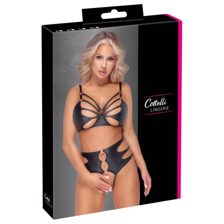 Cottelli LINGERIE Bra & Panty Set L - Black, Straps & Rose-Gold Rings