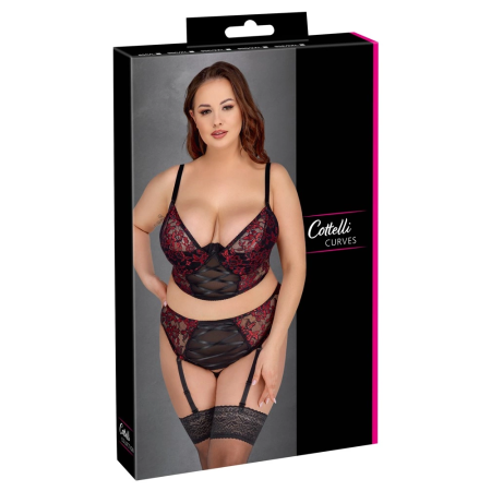 Cottelli Curves Bra & Suspender Thong Set Black/Red 85C/L, Lace Detail