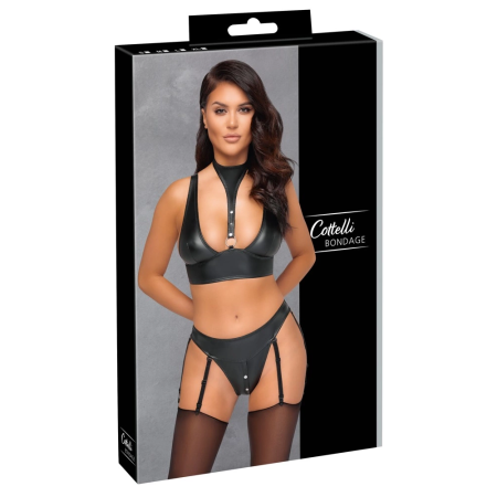 Cottelli Bondage Matte Black Bra and Suspender Thong Set M