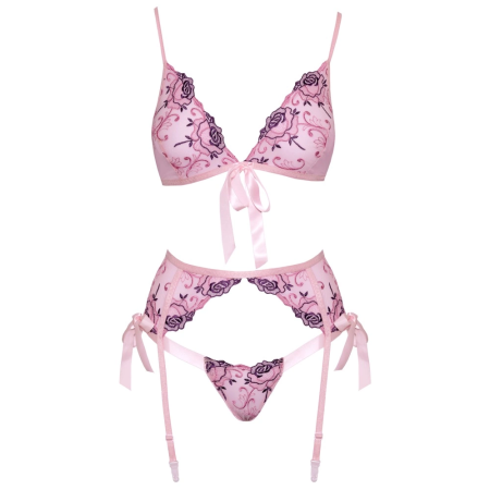 kissable Embroidered Floral Lingerie Set L/XL - Light Pink, 3-Piece