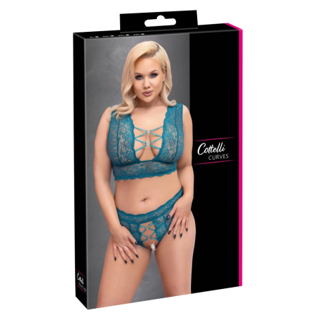 Cottelli CURVES Teal Lace 3XL Bra and High-Waist Open String Set