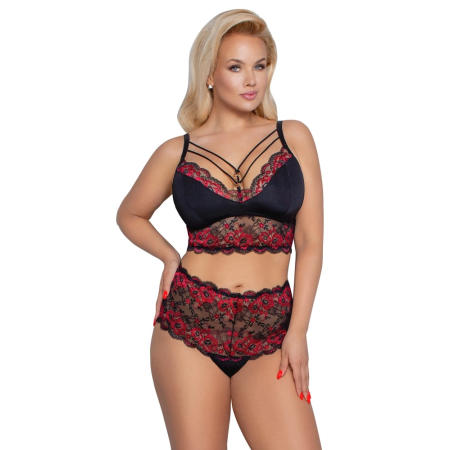 Cottelli CURVES Lingerie Set Black/Red 4XL - Lace Bra & High-Waist Briefs