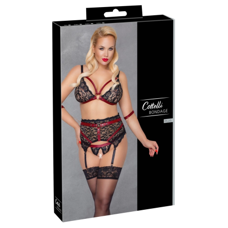 Cottelli Bondage Lace Set 3XL - Wireless Bra & Suspender Belt, Black/Red