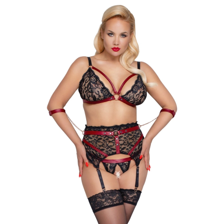 Cottelli Bondage Lace Set 3XL - Wireless Bra & Suspender Belt, Black/Red